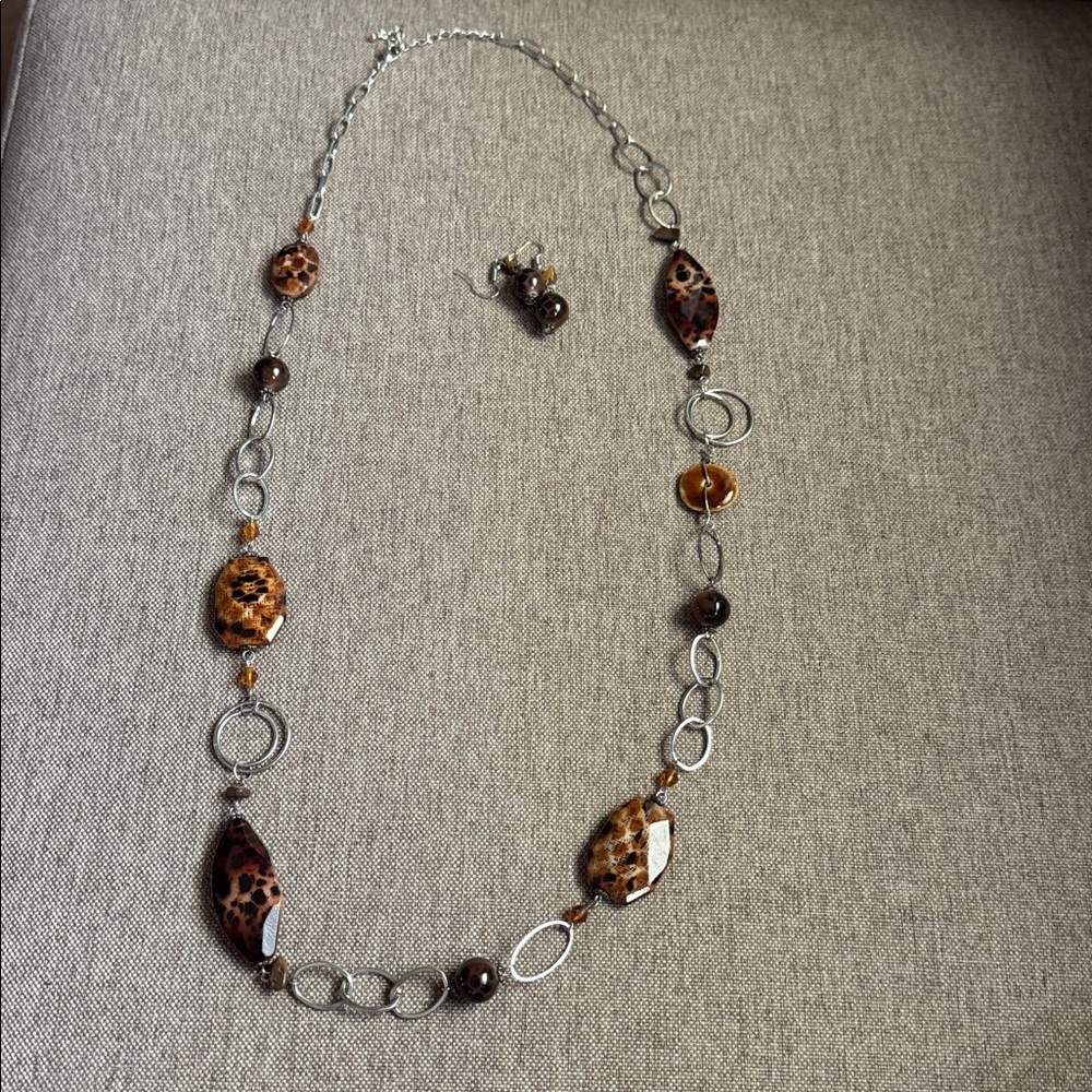 Leopard Print Silver Necklace and Earring Set